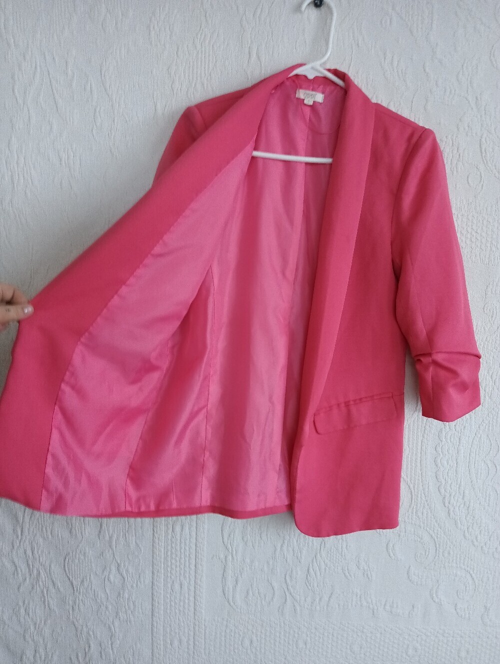 Oddi Hot Pink Blazer Open Front Ruched 3/4 Sleeve Small - Picture 7 of 9